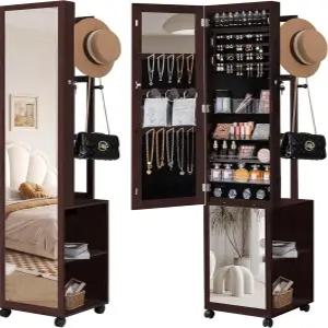 주아네리 8 LED 주얼리 캐비닛 아모아르 의류 선반이 있는 66.9인치 정리함 4개의 바퀴가 잠금식 전신 거울