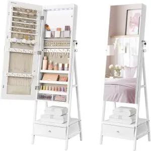 송믹스 LED 미러 주얼리 캐비닛 스탠딩 전신 거울이 있는 잠금식 아무어 공간 절약형 정리함 서랍 및 선반