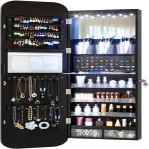 Vlsrka 6개의 LED 미러 주얼리 캐비닛 도어 걸이 47.2인치 벽걸이 잠금식 전체 길이 거울 수납 공간 둥근