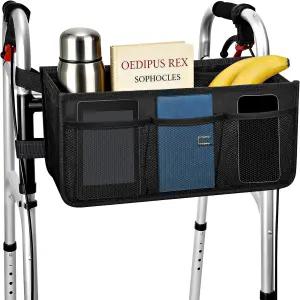 컵 홀더가 있는 업그레이드된 워커 바스켓 대용량 접이식 백 롤레이터에 맞지 않는 뒤집힘 방지 기능 -