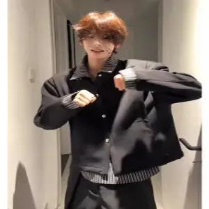 크리링 남성 블랙 빈티지 가을 투피스 페이크 카디건 셔츠 체크 스트라이프 재킷 KKE3