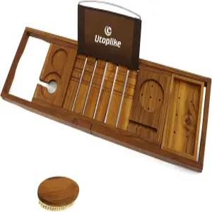 유토피아 같은 티크 욕조 캐디 트레이 책 태블릿 와인잔 컵 수건 홀더가 있는 독특한 정리함 조절 가능