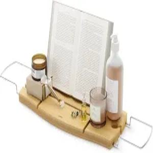 책꽂이와 와인잔 홀더가 있는 확장형 캐디 엄브라 아쿠아라 욕조 트레이 내추럴