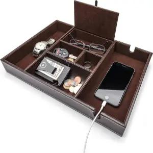 울트라이 나이트스탠드 정리함 남녀용 발렛 트레이 EDC 드레서 탑 캐치볼 다크 브라운 인조 가죽 6칸