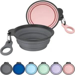 병 캐리어가 있는 Aonkey 접이식 개 그릇 2팩 여행용 물그릇 업그레이드 카라비너 일체형 몰드 림 낙상