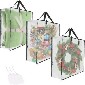 지퍼와 손잡이가 달린 투명 가방 3팩 할로윈 크리스마스 화환 보관함 선물 정리함 이동 상자 대체품 침대
