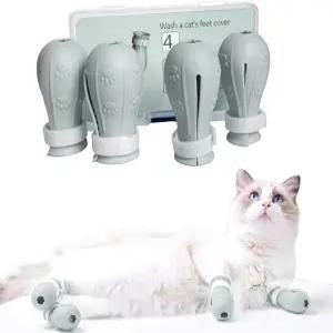 고양이 전용 간호 재활 부츠용 스크래치 커버 4피스 조절 가능한 목욕 장갑 회색