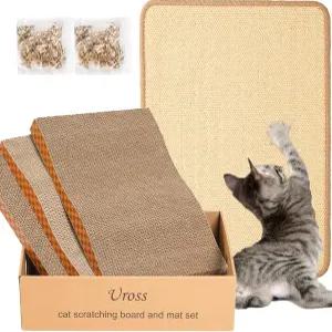 Uross 고양이 긁힘 매트 및 3pcs 보드 세트 - 내추럴 시살 대형 러그 패드 박스 수평