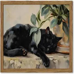 액자형 블랙 캣 스 월 아트 빈 잠자는 고양이 식물 그림 벽 장식 동물 터 거실 침실 욕실용 소박한 에틱 홈