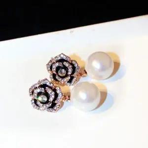 [골드스마일]블랙 앤 큐빅 로즈 진주 귀걸이