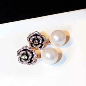 블랙 앤 큐빅 로즈 진주 귀걸이
