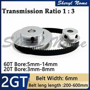 2GT 벨트 풀리 GT2 동기 키트 20치 60치 1:3 감속비 기계식 전송 부품 밴드폭 6mm