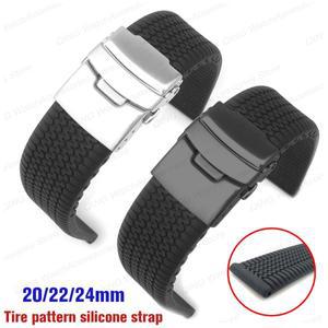 20mm 범용 소프트 실리콘 블랙 스트랩 타이어 패턴 Cuttable 스포츠 방수 고무 시계 밴드 금속 접는 버클