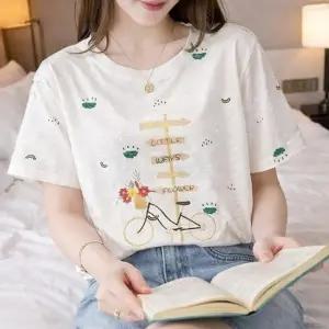 여성 여름 외출 데일리 귀여운 스타일 자수 포인트 반팔 티셔츠