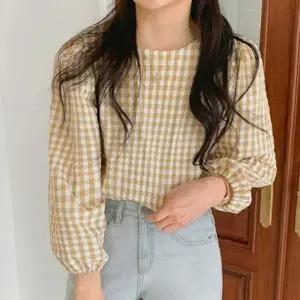 체크 퍼프소매 블라우스 루즈핏 데일리 여성 탑