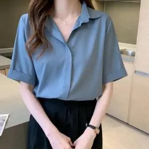 브이넥 루즈핏 반팔 블라우스 데일리 오피스룩 셔츠