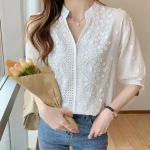자수 레이스 시스루 블라우스 퍼프소매 여리핏 셔츠
