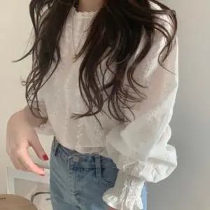 레이스 자수 시스루 블라우스 퍼프소매 여리핏 탑