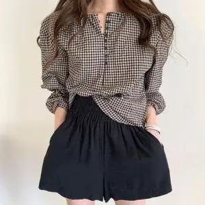 FSF-D0058 체크 퍼프 러블리 셔링 블라우스