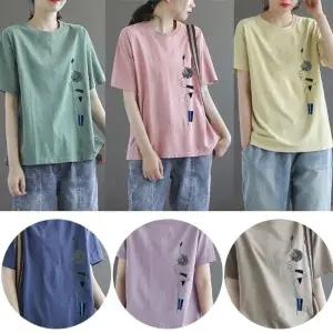 쫀쫀 데일리 일러스트 라운드 티셔츠 중년 오버핏 반팔티 엄마 빅사이즈 미디엄 기장 여름