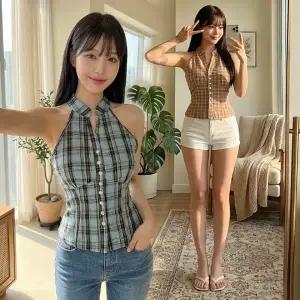 리아체크홀터티 나시 민소매 하이넥 셔링 단추 여름