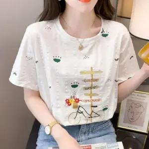 여성 여름 기본 자수 꽃 자전거 루즈핏 반팔 티셔츠