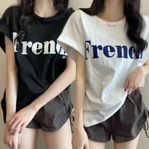 여성 여름 캐주얼 패션 라운드넥 빅 레터링 기본 롤업 소매 반팔 티셔츠