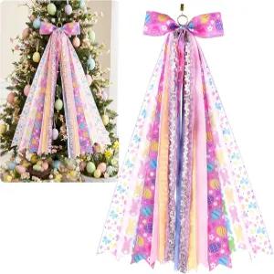 문을 위한 YKW 부활절 인사말 리본 8개 27.5인치 봄 화환 새시 퍼플 라벤더 플로럴 현관 장식 금속 클립