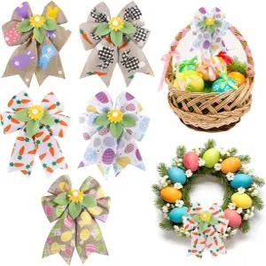 Fruasio 5PCS 부활절 장식용 활 펠트 플라워 잎이 달린 6 x 5 버랩 리본 바구니용 프리메이드 봄 화환