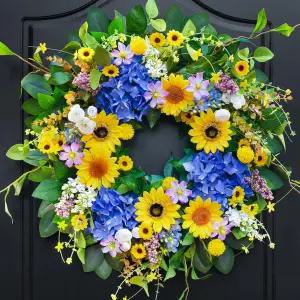 현관문 외부용 핑크푸이 봄 화환 - 해바라기가 있는 24인치 여름 실내 야외 맨틀용 실물처럼 푸른 수국화