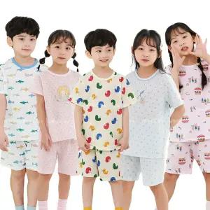 남아 여아 초등학생 반팔 반바지 면소재 자카드 여름 내복 5부 실내복