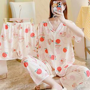 쉬블림로브 3피스(반팔+반바지+긴바지) 여성 홈웨어 사과 패턴 잠옷 세트 GWD0490