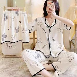 쉬블림로브 3피스(반팔+반바지+긴바지) 여성 곰 패턴 홈웨어 파자마 잠옷 세트 GWD0244