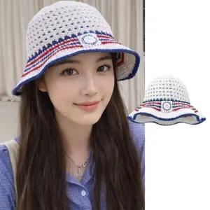 썸머 마린 버킷햇 헬렌 벙거지 스트라이프 밀짚 썬 여성 여름 그물 모자