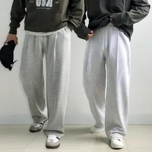 리얼타임 [헤비코튼 딥 원턱 와이드 스?팬츠] 남자 고중량 트레이닝 스웨트 벌룬핏 통 큰 넓은 회색 츄리닝 바지 커플 학생 [3C]