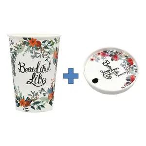 13온스 친환경 플라워 종이컵 390ml + 종이뚜껑 50개,100개,200개세트