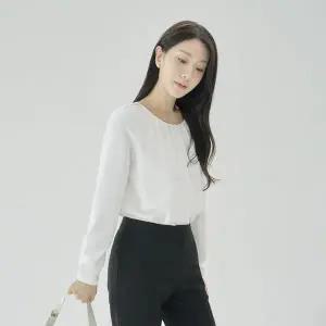 [더웨이나인]화이트 면접블라우스 여자면접복장 라운드넥 셔링 쉬폰 기본 상의 정장블라우스 여성남방 긴팔