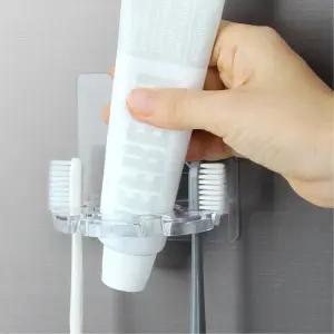 욕실 무타공 접착식 투명 4구 치약 칫솔 벽걸이 홀더 화장실 벽부착 치솔꽂이