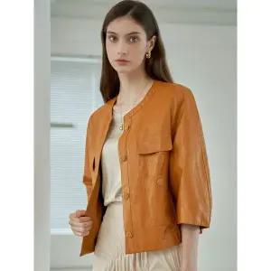 [하프클럽/]위클리 노카라 인조 가죽 세미 크롭 블루종 점퍼 ML10JK070FCY