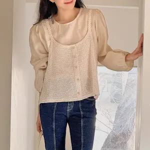 뷔스티에 블라우스 세트 퍼프 긴팔 라운드넥 여성 빅사이즈