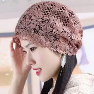 플라워 얇은 망사 두건 모자 레이스 비니 여성 엄마 중년 패션