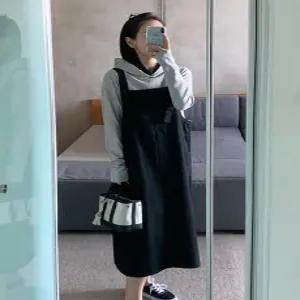 비블랙 코튼 포켓 멜빵 롱 원피스 (one color)