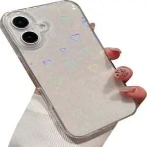 16 케이스와 호환되는 샤이니모어 클리어 글리터 실리콘 홀로그램 러브 하트 패턴 슬림 보호 충격 방지