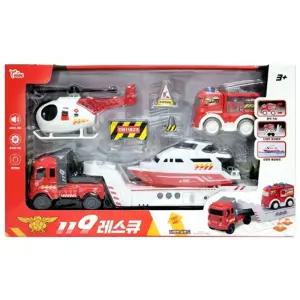119 레스큐 소방세트 구조대 차모형 보트 헬기 트레일러 후렉션 풀백 사운드 건전지 세트 작동