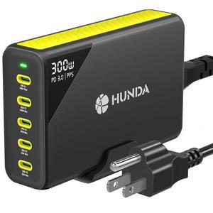 HUNDA 300W USB C 충전기 GaN 충전소 데스크탑 5포트 PD 100W 고속 전원 어댑터 지원 PD3.0 /PPS 45W /QC5 맥북 프로 /에어 15 프로 삼성 델