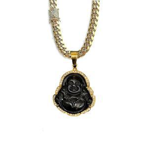 웃는 부처님 빅 블랙 그린 옥 아이스 다이아몬드 펜던트 목걸이 14k 골드 마이애미 쿠바 링크 8mm 변색 방지 체인 CZ 락 정품 인증 등급 옥석 수작업 치유 동상