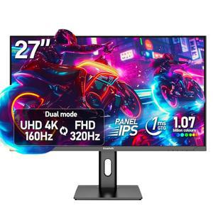 gawfolk 27인치 4k 게이밍 모니터, uhd pip/pbp, 75 모드 1.4, 듀얼 벽 컴퓨터 스피커, 내장 2.1 스크린, freesync, 호환 pc 320hz ips 160hz/fhd 및 75mm x 마운트 dp hdmi