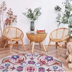 빈티지 천연 라탄 야외 2인 원형 티 테이블 의자 세트 앤틱 레트로 감성 북유럽 인테리어