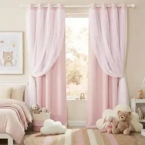 포니 댄스 핑크 암막 커튼 여자 침실용 화이트 시어 오버레이 63인치 길이 보육원 조명 차단용 이중 레이어