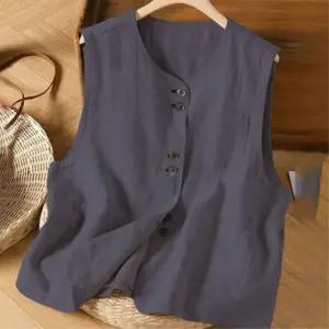 여름 중년여성 시원한 군살커버 린넨 혼방 단추 조끼 댄디룩 코디템 레이어드 출근룩